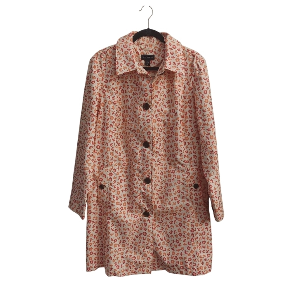 NWT LANDS END L Pink And Orange Floral "Sunshower" Button Down Rain Coat Trench